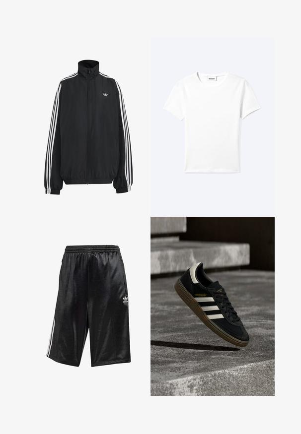 Sort Adidas træningsjakke med hvide tre striber langs ærmerne, fuld lynlås foran, elastiske manchetter og lille trefoil-logo på brystet.; Ensfarvet hvid t-shirt med korte ærmer og rund halsudskæring med en lille "WEEKDAY" label indeni halskanten, vist fladt på en lys baggrund.; Sorte atletiske shorts lavet af glat stof, med elastisk talje og snor, sidelommer og tre hvide striber langs siderne.; Sort Adidas-sneaker med hvide striber og gummisåler, svævende over grå betontrapper i naturligt lys.
