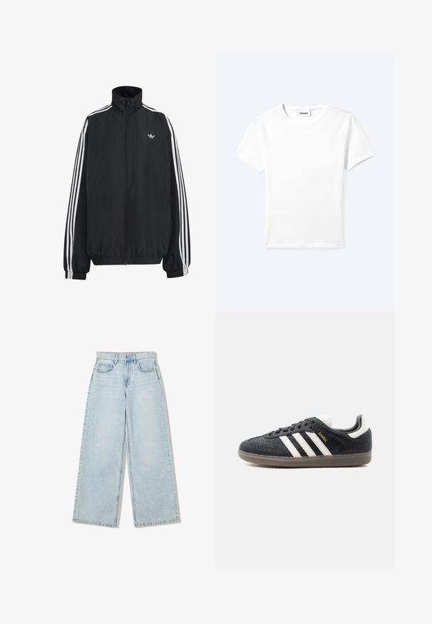Sort Adidas træningsjakke med hvide tre striber langs ærmerne, fuld lynlås foran, elastiske manchetter og lille trefoil-logo på brystet.; Ensfarvet hvid t-shirt med korte ærmer og rund halsudskæring med en lille "WEEKDAY" label indeni halskanten, vist fladt på en lys baggrund.; Lyseblå, vide jeans lavet af denim, med høj talje, fem lomme-design og synlige sømme langs kanterne.; Sort Adidas Samba sneaker med hvide striber, gumisål og guldfarvet "Samba" tekst på siden, vist fra venstre profil på ensfarvet baggrund.