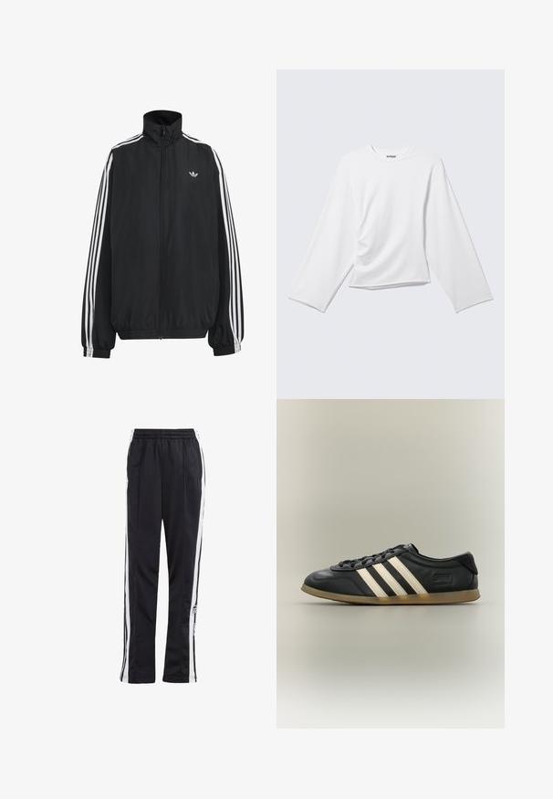 Sort Adidas træningsjakke med hvide tre striber langs ærmerne, fuld lynlås foran, elastiske manchetter og lille trefoil-logo på brystet.; Simpel hvid langærmet rundhalset trøje med subtilt fald foran og en let løs pasform.; Sorte træningsbukser med hvide sidelister, elastisk talje og et logo-patch. Fremstillet af glat, letvægtsstof. Lige ben design.; Sort Adidas Gazelle sneaker med hvide striber, sorte snørebånd og en lysebrun sål, vist i sideprofil på neutral baggrund.