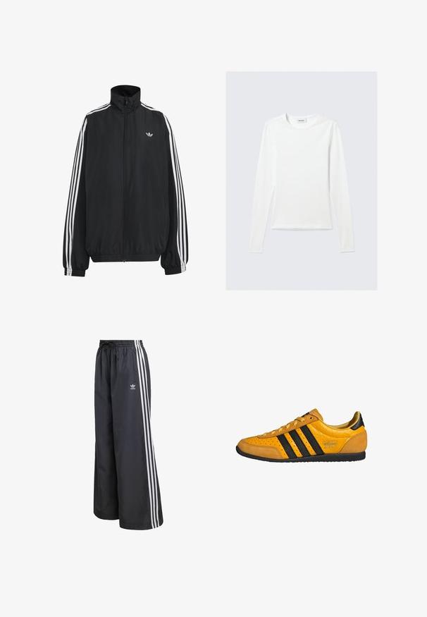 Zwarte Adidas trainingsjas met witte drie strepen langs de mouwen, een rits over de hele voorkant, elastische manchetten en een klein trefoil-logo op de borst.; Effen wit shirt met lange mouwen en ronde hals, slim fit, afgebeeld tegen een lichtgrijze achtergrond.; Zwarte sportbroek van lichtgewicht materiaal, met drie witte verticale strepen en een elastische tailleband met trekkoord.; Gele leren sneaker met zwarte strepen, vetersluiting, geperforeerde neus en gestructureerde hielaccenten met het label "adidas Japan." Rubber loopzool.