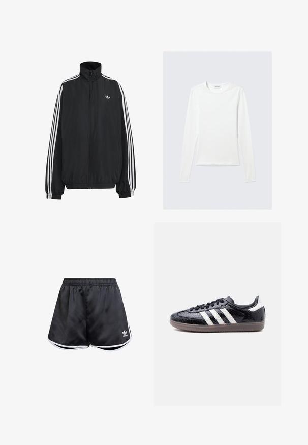 Must Adidas dressipluus valgete kolmekümnendate triipudega varrukatel, täispikk esilukk, elastsed varrukaservad ja väike trefoil logo rinnal.; Valge ühevärviline pikkade varrukatega ümara kaelusega slim-fit särk, esitletud helehallil taustal.; Mustad mustad sportlikud lühikesed püksid siledast sünteetilisest materjalist, valgete külgaktsentidega ja all vasakul oleva tikandiga logoga.; Madalprofiilne must toss, mille peal on tekstuuriga madu-nahaimitatsioon, külgedel valged triibud, mustad paelad ja läbipaistev pruun tall.