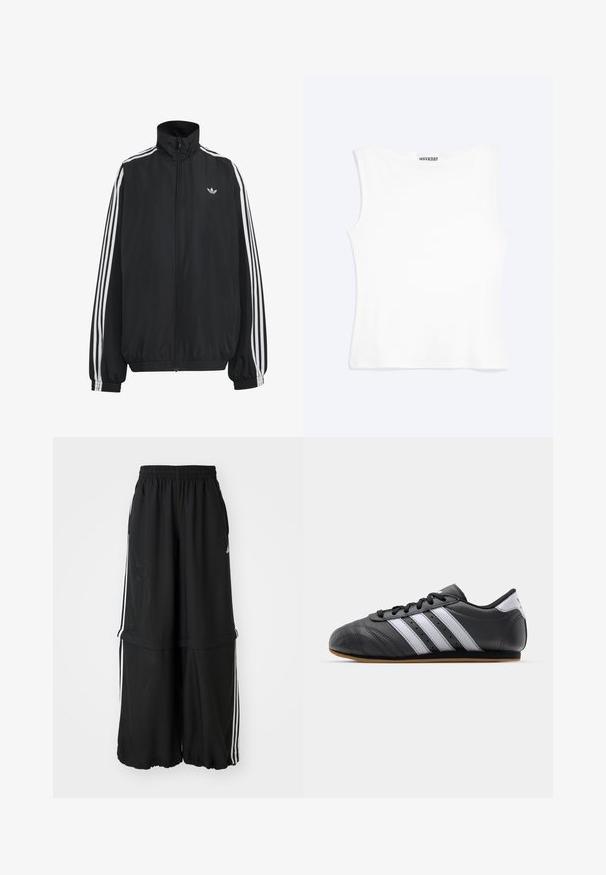 Čierna Adidas športová bunda s bielymi tromi pásikmi po celej dĺžke rukávov, so zipsom po celej prednej časti, elastickými manžetami a malým logom trefolo na hrudi.; Biele priliehavé tielko bez rukávov s okrúhlym výstrihom a minimalistickým dizajnom, s označením "WEEKDAY" vo vnútri goliera.; Čierne športové nohavice s elastickým pásom, bočnými prúžkami a voľným strihom so zúženým lemom pre vzdušný siluetu.; Čierne kožené športové topánky s bielymi pruhmi, okrúly špička, plochá podrážka a šnurovanie. Obsahujú perforácie pre lepšiu priedušnosť.