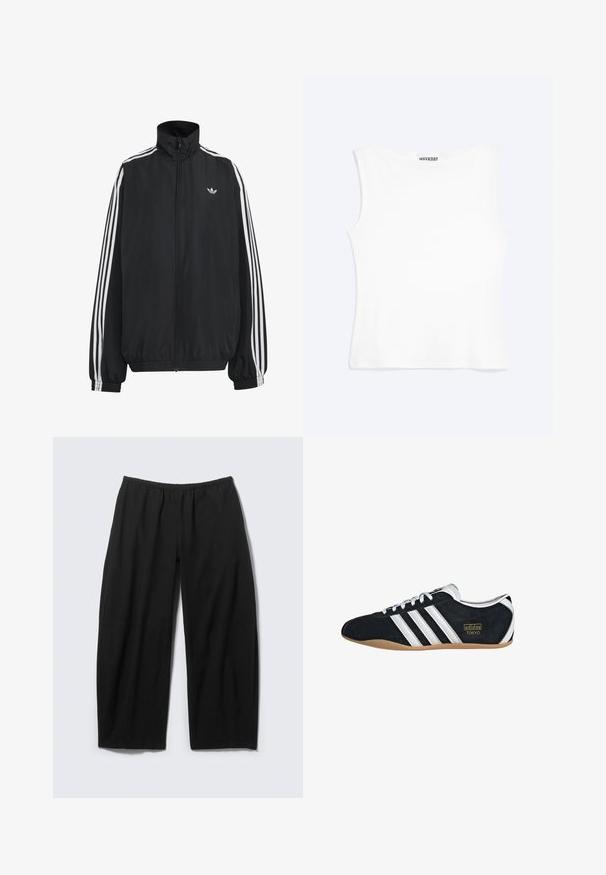 Μαύρο αθλητικό μπουφάν Adidas με λευκές τρεις ρίγες κατά μήκος των μανικιών, πλήρες φερμουάρ μπροστά, ελαστικά μανσέτες και μικρό λογότυπο trefoil στο στήθος.; Άσπρο εφαρμοστό αμάνικο τοπ με στρογγυλή λαιμόκοψη και μινιμαλιστικό σχέδιο, με την ετικέτα "WEEKDAY" στο εσωτερικό του γιακά.; Χαλαρά μαύρα παντελόνια με ελαστική μέση και ευθείες φαρδιές παντελόνες, απλωμένα πάνω σε φωτεινό φόντο.; Μαύρο σουέτ αθλητικό παπούτσι με λευκές τρεις λωρίδες, χρυσό λογότυπο και καφέ καουτσούκ σόλα. Διαθέτει χαμηλού προφίλ σχέδιο με κορδόνια.