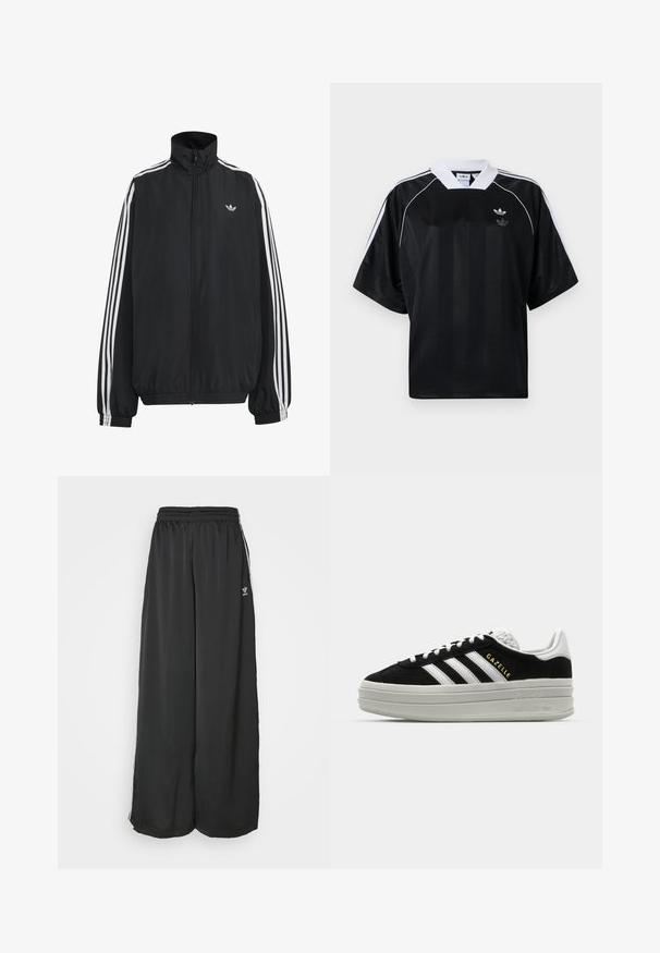 Sort Adidas træningsjakke med hvide tre striber langs ærmerne, fuld lynlås foran, elastiske manchetter og lille trefoil-logo på brystet.; Sort atletisk trøje med korte ærmer, hvide detaljer og V-udskæring. Har lodrette striber og et lille logo på brystet.; Sorte løstsiddende træningsbukser lavet af glat stof. Har en elastisk talje og sidelogsstriber med logoaccents.; Sort ruskind sneaker med hvide læderdetaljer, tre hvide striber, flade snørebånd og en tyk grå platformsål. Guldfarvet "Gazelle" branding.