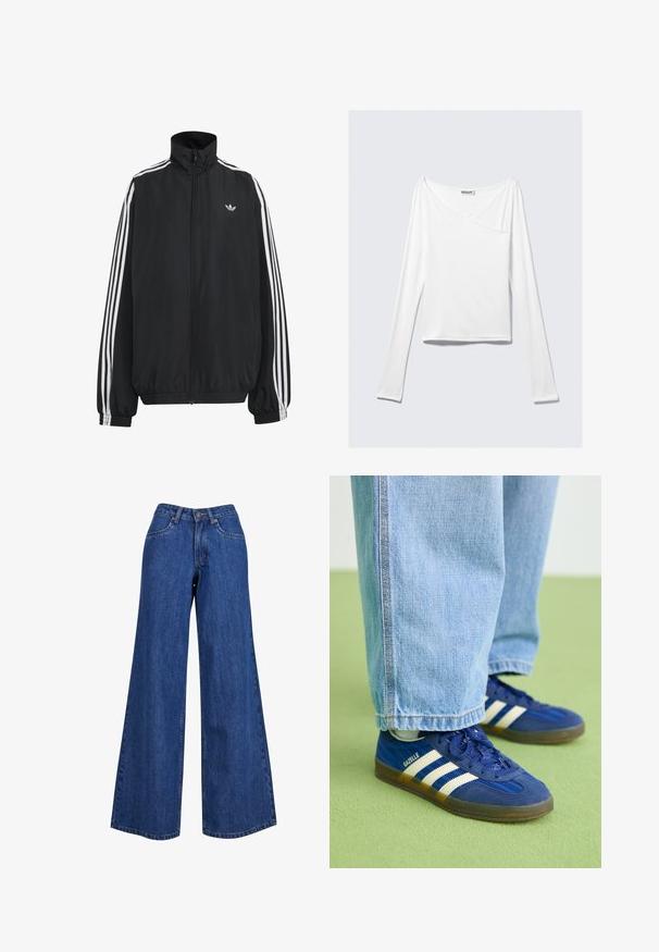 Čierna Adidas športová bunda s bielymi tromi pásikmi po celej dĺžke rukávov, so zipsom po celej prednej časti, elastickými manžetami a malým logom trefolo na hrudi.; Biela blúzka s dlhým rukávom a prekríženým dizajnom, s vreckom. Vyrobená z hladkej, elastickej látky. Strih v uvoľnenom, voľnom štýle.; Džíny s širokými nohavicami v stredne modrej farbe, s vysokým pásom, kontrastným stehom a klasickým dizajnom s piatimi vreckami.; Modré semišové tenisky s bielymi pruhmi a textúrovanými vzormi, obuté s svetlomodrými džínsami, na pozadí zelenej farby.