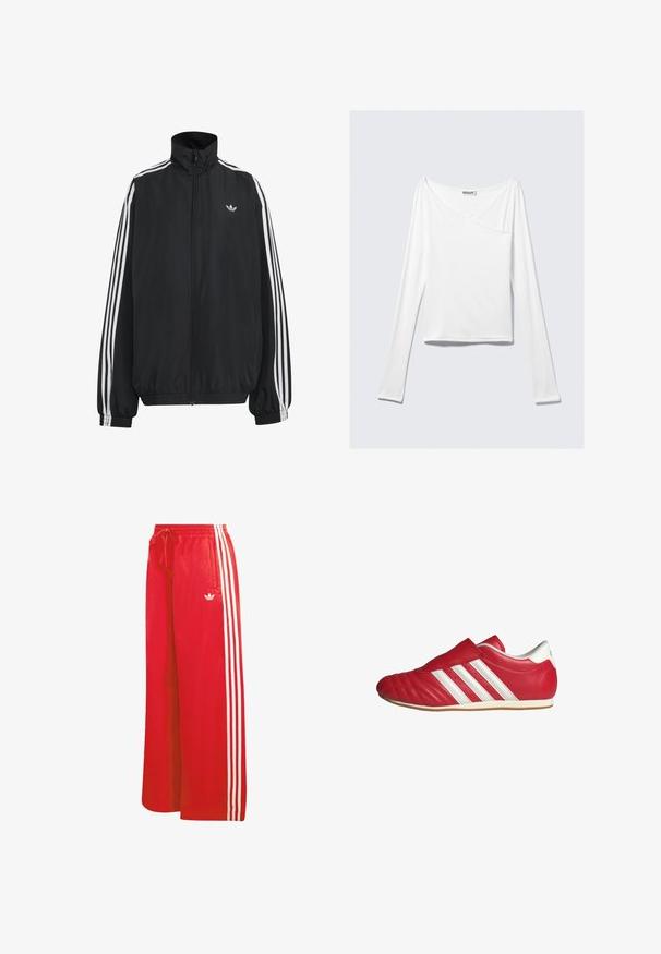 Μαύρο αθλητικό μπουφάν Adidas με λευκές τρεις ρίγες κατά μήκος των μανικιών, πλήρες φερμουάρ μπροστά, ελαστικά μανσέτες και μικρό λογότυπο trefoil στο στήθος.; Λευκή μπλούζα με μακριά μανίκια, με σχεδίαση crossover και τσέπη. Φτιαγμένη από ένα ομαλό, ελαστικό ύφασμα. Κουμπωμένη σε μια άνετη, χαλαρή γραμμή.; Κόκκινο αθλητικό παντελόνι από ελαφρύ υλικό, με φαρδιά γραμμή, ελαστική μέση, κορδόνι και τρεις λευκές ρίγες σε κάθε πλευρά.; Κόκκινο δερμάτινο αθλητικό παπούτσι με στρογγυλή μύτη, υφή στο πάνω μέρος, λευκές λωρίδες στο πλάι και βέλκρο. Λεπτή καουτσούκ σόλα για πρόσφυση.