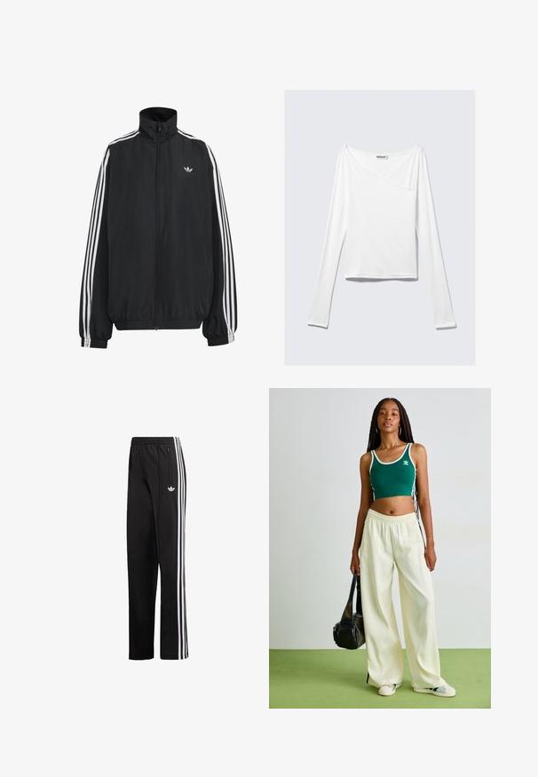 Μαύρο αθλητικό μπουφάν Adidas με λευκές τρεις ρίγες κατά μήκος των μανικιών, πλήρες φερμουάρ μπροστά, ελαστικά μανσέτες και μικρό λογότυπο trefoil στο στήθος.; Λευκή μπλούζα με μακριά μανίκια, με σχεδίαση crossover και τσέπη. Φτιαγμένη από ένα ομαλό, ελαστικό ύφασμα. Κουμπωμένη σε μια άνετη, χαλαρή γραμμή.; Μαύρο παντελόνι φόρμας από λείο ύφασμα, με λευκές κάθετες ρίγες στα πλαϊνά και μικρό λογότυπο στο αριστερό ισχίο.; Πράσινη κοντή μπλούζα με λευκή λεπτομέρεια, σε συνδυασμό με κρεμ παντελόνια σε γραμμή καμπάνα. Το μοντέλο κρατάει μια μικρή μαύρη τσάντα. Απλά αθλητικά παπούτσια.