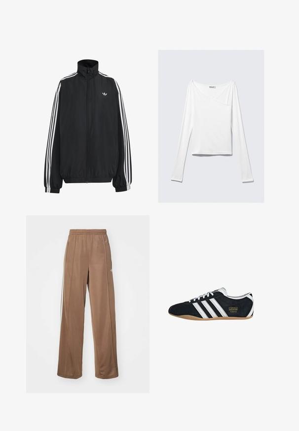 Μαύρο αθλητικό μπουφάν Adidas με λευκές τρεις ρίγες κατά μήκος των μανικιών, πλήρες φερμουάρ μπροστά, ελαστικά μανσέτες και μικρό λογότυπο trefoil στο στήθος.; Λευκή μπλούζα με μακριά μανίκια, με σχεδίαση crossover και τσέπη. Φτιαγμένη από ένα ομαλό, ελαστικό ύφασμα. Κουμπωμένη σε μια άνετη, χαλαρή γραμμή.; Καφέ αθλητικά παντελόνια φτιαγμένα από μαλακό ύφασμα, με ελαστική μέση, πλαϊνές τσέπες και λευκές λεπτομέρειες λογότυπου στο αριστερό ισχίο.; Μαύρο σουέτ αθλητικό παπούτσι με λευκές τρεις λωρίδες, χρυσό λογότυπο και καφέ καουτσούκ σόλα. Διαθέτει χαμηλού προφίλ σχέδιο με κορδόνια.