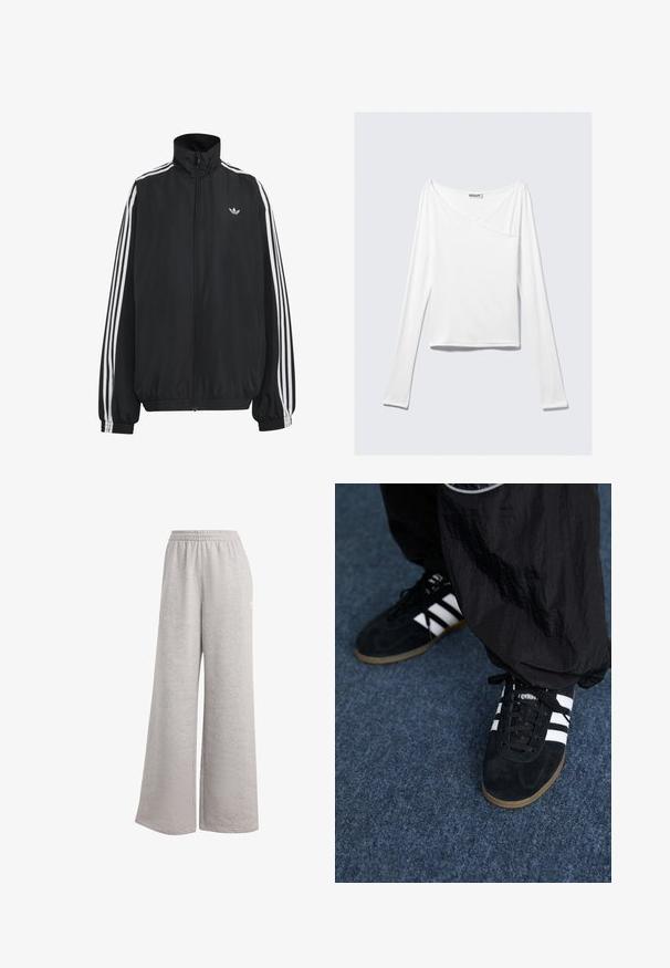 Veste de survêtement Adidas noire avec trois bandes blanches le long des manches, fermeture éclair frontale complète, poignets élastiques et petit logo trèfle sur la poitrine.; Haut blanc à manches longues avec un design croisé et une poche. Fabriqué dans un tissu lisse et extensible. Coupé dans une coupe décontractée et ample.; Pantalon de survêtement gris clair avec une coupe ample, une taille élastique et une texture douce. Présente un logo discret sur un côté. Design décontracté.; Des chaussures de sport en suède noir avec trois rayures blanches et des lacets noirs. Un pantalon noir texturé est partiellement visible à côté des chaussures.