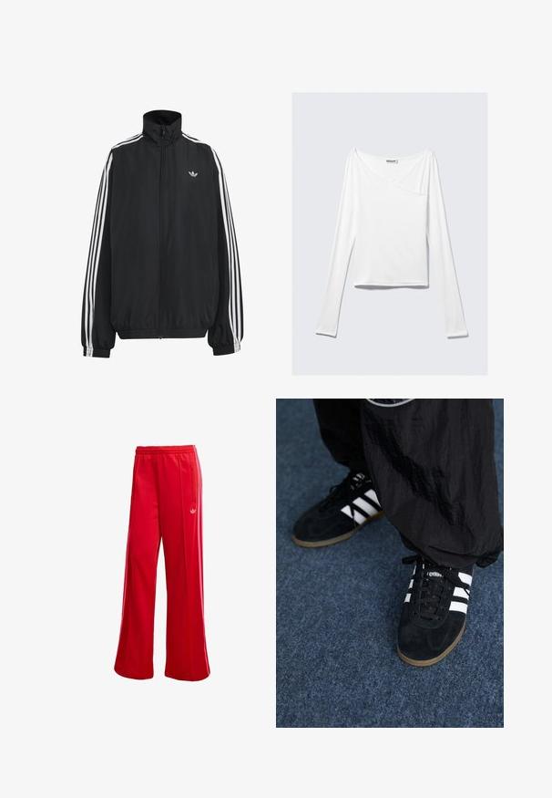 Must Adidas dressipluus valgete kolmekümnendate triipudega varrukatel, täispikk esilukk, elastsed varrukaservad ja väike trefoil logo rinnal.; Valge pika varrukaga topp, millel on ristatud disain ja tasku. Valmistatud siledast ja venivast kangast. Lõige on kaunis ja lõdva sobivusega.; Punased spordipüksid laia jalaosaga, elastse vöökoha ja külgmise tõmblukuga taskuga. Vasakul küljel on väike valge logo. Siledat tekstuuri.; Mustad nahast spordijalatsid kolme valge triibuga ja mustade kingapaeltega. Kingade kõrval on osaliselt nähtavad tekstureeritud mustad püksid.
