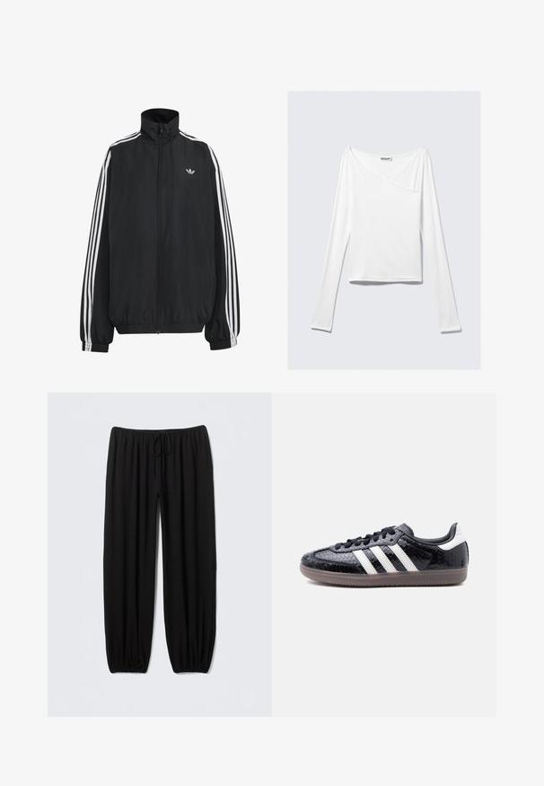 Μαύρο αθλητικό μπουφάν Adidas με λευκές τρεις ρίγες κατά μήκος των μανικιών, πλήρες φερμουάρ μπροστά, ελαστικά μανσέτες και μικρό λογότυπο trefoil στο στήθος.; Λευκή μπλούζα με μακριά μανίκια, με σχεδίαση crossover και τσέπη. Φτιαγμένη από ένα ομαλό, ελαστικό ύφασμα. Κουμπωμένη σε μια άνετη, χαλαρή γραμμή.; Μαύροι, άνετοι παντελόνια από απαλό ύφασμα· διαθέτουν ελαστική μέση με ρυθμιζόμενο κορδόνι, στενά μπατζάκια και χωρίς σχέδια.; Χαμηλού προφίλ μαύρο αθλητικό παπούτσι με υφή φιδίσιας επιδερμίδας, λευκές ρίγες στο πλάι, μαύρα κορδόνια και διαφανές καφέ πέλμα.