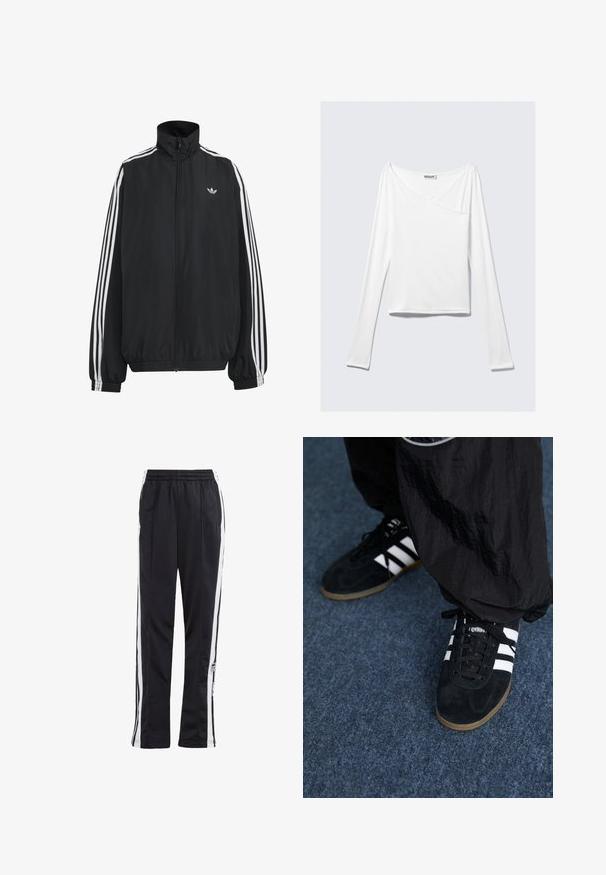 Čierna Adidas športová bunda s bielymi tromi pásikmi po celej dĺžke rukávov, so zipsom po celej prednej časti, elastickými manžetami a malým logom trefolo na hrudi.; Biela blúzka s dlhým rukávom a prekríženým dizajnom, s vreckom. Vyrobená z hladkej, elastickej látky. Strih v uvoľnenom, voľnom štýle.; Čierne tepláky so bielymi bočnými pruhmi, elastickým pásom a logom. Vyrobené z hladkej, ľahkej tkaniny. Rovný strih.; Čierne roháčiky z semišu so tromi bielymi pruhmi a čiernymi šnúrkami. Texturované čierne nohavice sú čiastočne viditeľné vedľa topánok.