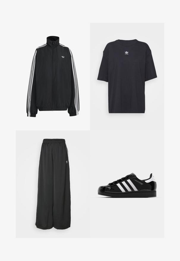 Μαύρο αθλητικό μπουφάν Adidas με λευκές τρεις ρίγες κατά μήκος των μανικιών, πλήρες φερμουάρ μπροστά, ελαστικά μανσέτες και μικρό λογότυπο trefoil στο στήθος.; Μαύρη βαμβακερή μπλούζα με κοντά μανίκια, στρογγυλή λαιμόκοψη, διαθέτει άσπρο λογότυπο Adidas στο στήθος. Απλός σχεδιασμός, χαλαρή εφαρμογή.; Μαύρο αθλητικό παντελόνι σε χαλαρή γραμμή από λεία ύφανση. Διαθέτει ελαστική μέση και κάθετες ρίγες με λογότυπα.; adidas Originals SUPERSTAR II - Αθλητικά παπούτσια - core black/footwear white/gold metallic