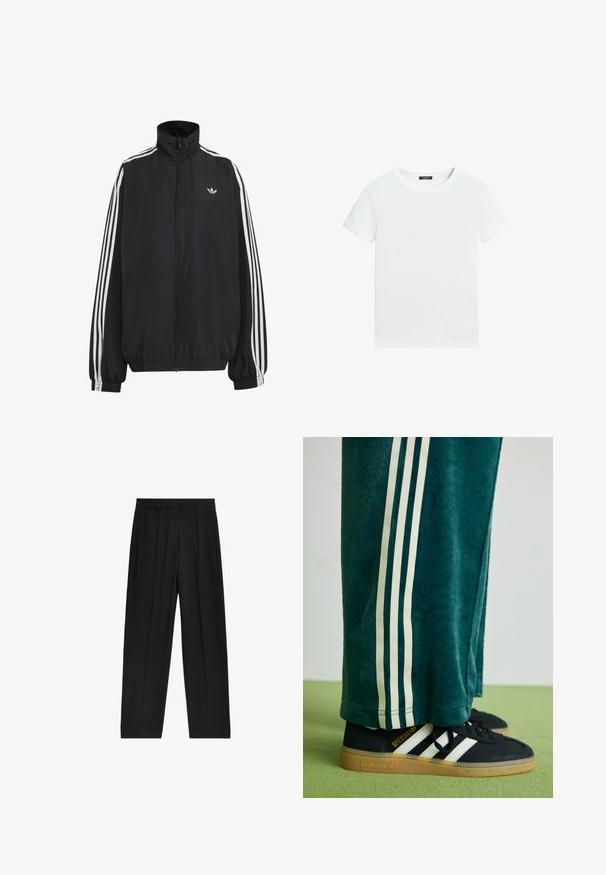 Sort Adidas træningsjakke med hvide tre striber langs ærmerne, fuld lynlås foran, elastiske manchetter og lille trefoil-logo på brystet.; Almindelig hvid T-shirt med korte ærmer, rund halsudskæring og lille sort label inden i kraven.; Sorte, højtaljede bukser med lige ben-design, der har plisseringer og sidelommer, lavet af et letvægtsstof.; Grønne teksturerede bukser med hvide sidelince, parret med sorte Adidas sneakers med tre hvide striber og en gummisål.