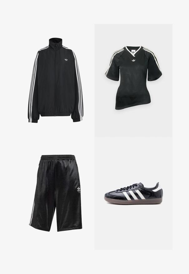 Zwarte Adidas trainingsjas met witte drie strepen langs de mouwen, een rits over de hele voorkant, elastische manchetten en een klein trefoil-logo op de borst.; Zwart sportshirt met V-hals, korte mouwen en een textuur met een chevronpatroon. Voorzien van witte drie-strepen accenten op de schouders en een logo.; Zwarte sportshorts van gladde stof, met een trekkoord in de taille, zijzakken en drie witte strepen langs de zijkanten.; Zwarte sneaker met een laag profiel, met een gestructureerd slangenhuidpatroon, witte strepen aan de zijkant, zwarte veters en een doorschijnende bruine zool.