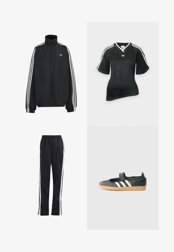 Sort Adidas træningsjakke med hvide tre striber langs ærmerne, fuld lynlås foran, elastiske manchetter og lille trefoil-logo på brystet.; Sort atletisk skjorte med V-hals, korte ærmer og tekstureret chevronmønster. Har hvide tre-stribe accenter på skuldrene og logo.; Sorte træningsbukser med hvide sidelister, elastisk talje og et logo-patch. Fremstillet af glat, letvægtsstof. Lige ben design.; Sort læder- og ruskinds sneakers med en Velcro-rem, der har tre hvide striber og en gummisål, mærket "SAMBA" på siden.