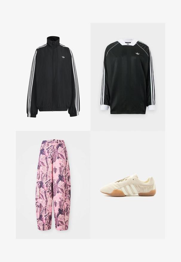 Musta Adidas-verryttelytakki, jossa valkoiset kolme raitaa hihoissa, täysipitkä etuvetoketju, joustavat hihansuut ja pieni kolmiokuvioinen logo rinnassa.; Musta pitkähihainen V-kauluksella varustettu paita, jossa on pystysuoria raitoja, valkoisia yksityiskohtia ja kolme valkoista raitaa jokaisessa hihassa. Pieni logo rinnassa.; Vaaleanpunaiset ja violetti kuviolliset leveälahkeiset housut, joissa on lehdet ja oksat -kuvio, korkea vyötärö ja sivutaskut lisäämään käytännöllisyyttä.; Matala profiilinen beige tennari, jossa on kolme valkoista raitaa, tekstuurilliset mokkasisäosat, kumipohja ja nauhallinen suljenta yksivärisellä taustalla.
