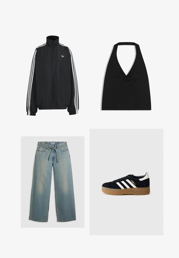 Čierna Adidas športová bunda s bielymi tromi pásikmi po celej dĺžke rukávov, so zipsom po celej prednej časti, elastickými manžetami a malým logom trefolo na hrudi.; Čierny crop top s halter výstrihom do V s hlbokým výstrihom a širokým remienkom na krku na bielom pozadí.; Svetlomodré široké džínsy vyrobené z denimu, s uzáverom na šnúrku a jemným vyblednutím. Obsahujú dve predné vrecká a uvoľnený strih.; Čierna semišová teniska s bielymi tromi pruhmi a zlatým logom. Podrážka v gumovej farbe s textúrovaným gripom. Klasický nízky dizajn s okrúhlou špičkou.