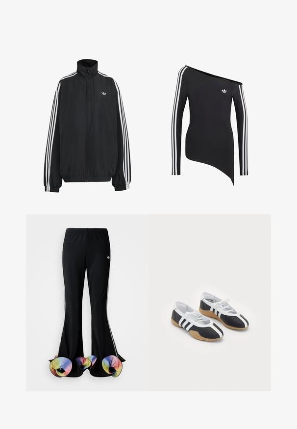Chaqueta deportiva negra de Adidas con tres franjas blancas a lo largo de las mangas, cremallera frontal completa, puños elásticos y pequeño logo de trébol en el pecho.; Top negro de manga larga con tres rayas blancas en las mangas, escote asimétrico off-shoulder y un pequeño logo blanco de Adidas en el pecho.; Pantalones deportivos negros con un diseño acampanado amplio. Cuenta con bajos coloridos y ondulados, y franjas blancas a los lados. Elaborados en tejido elástico.; Zapatillas deportivas en blanco y negro con un diseño elegante, suela de goma, cierre de cordones y tres franjas blancas en los lados.