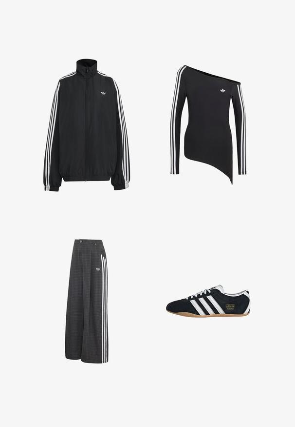 Chaqueta deportiva negra de Adidas con tres franjas blancas a lo largo de las mangas, cremallera frontal completa, puños elásticos y pequeño logo de trébol en el pecho.; Top negro de manga larga con tres rayas blancas en las mangas, escote asimétrico off-shoulder y un pequeño logo blanco de Adidas en el pecho.; Pantalones negros de pierna ancha con un pequeño patrón de cuadros blancos, rayas blancas en los laterales, cierre de botón y cremallera, y logo de Adidas en la cadera izquierda.; Zapatillas de ante negro con tres franjas blancas, logotipo dorado y suela de goma marrón. Presentan un diseño de cordones de perfil bajo.