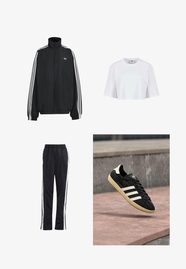 Čierna Adidas športová bunda s bielymi tromi pásikmi po celej dĺžke rukávov, so zipsom po celej prednej časti, elastickými manžetami a malým logom trefolo na hrudi.; Biela skrátená tričko vyrobené z mäkkej bavlny. Má okrúhly výstrih a krátke rukávy s voľným strihom, bez viditeľných vzorov alebo kovových detailov.; Čierne tepláky so bielymi bočnými pruhmi, elastickým pásom a logom. Vyrobené z hladkej, ľahkej tkaniny. Rovný strih.; Čierna teniska Adidas s bielymi pruhmi a béžovou podrážkou, zachytená vo vzduchu nad kamenným povrchom a kamennou stenou v pozadí.