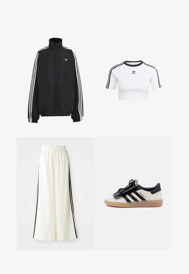 Čierna Adidas športová bunda s bielymi tromi pásikmi po celej dĺžke rukávov, so zipsom po celej prednej časti, elastickými manžetami a malým logom trefolo na hrudi.; Biely skrátený tričko vyrobené z bavlny, s čiernymi akcentovými pásikmi na rukávoch, okrúhlym výstrihom a malým vyšitým logom na hrudi.; Biele široké nohavice s elastickým pásom a čiernymi vertikálnymi pruhmi pozdĺž vonkajších švov.; Biely a čierny teniska Adidas Spezial s gumovou podrážkou, čiernymi pruhmi a čiernym krytom na šnúrkach na jednoduchom svetlom pozadí.