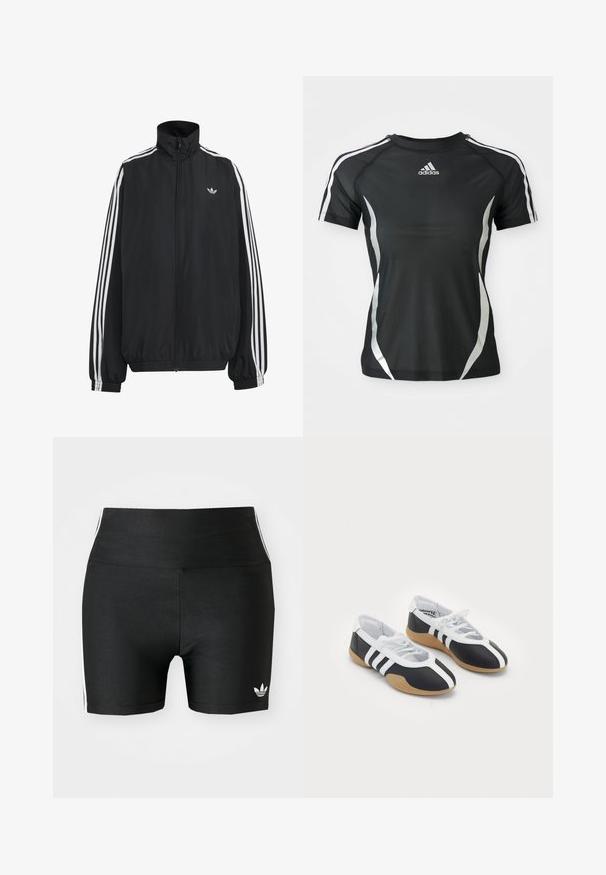 Chaqueta deportiva negra de Adidas con tres franjas blancas a lo largo de las mangas, cremallera frontal completa, puños elásticos y pequeño logo de trébol en el pecho.; Camiseta atlética negra de Adidas de manga corta con rayas blancas en los hombros y acentos curvados plateados a los lados.; Pantalones cortos deportivos negros en una tela elástica con una cintura alta. Presentan franjas laterales blancas y un pequeño logo blanco en el dobladillo.; Zapatillas deportivas en blanco y negro con un diseño elegante, suela de goma, cierre de cordones y tres franjas blancas en los lados.