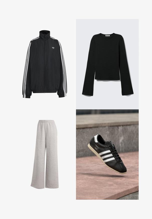 Chaqueta deportiva negra de Adidas con tres franjas blancas a lo largo de las mangas, cremallera frontal completa, puños elásticos y pequeño logo de trébol en el pecho.; Camiseta negra de manga larga con cuello redondo, silueta ajustada y mangas ligeramente acampanadas, etiquetada con la marca "Weekday" en el cuello.; Pantalones de chándal gris claro con un corte holgado, cinturilla elástica y textura suave. Presenta un sutil logo en un lado. Diseño casual.; Zapatilla deportiva de cuero negro con rayas y suela blancas, atada con cordones, flotando sobre una superficie de concreto rosada con una pared de piedra gris al fondo.
