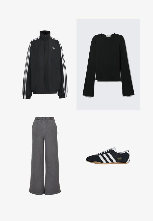 Čierna Adidas športová bunda s bielymi tromi pásikmi po celej dĺžke rukávov, so zipsom po celej prednej časti, elastickými manžetami a malým logom trefolo na hrudi.; Čierne tričko s dlhými rukávmi a okrúhlym výstrihom, priliehavým strihom a mierne rozšírenými rukávmi, označené značkou "Weekday" na krku.; Široké sivé teplákové nohavice vyrobené z mäkkej tkaniny, ktoré majú elastický pás pre pohodlie. Hladký povrch bez viditeľných vzorov alebo akcentov.; Čierne semišové tenisky s bielymi tromi pruhmi, zlatým logom a hnedou gumovou podrážkou. Disponujú nízkym šnurovacím dizajnom.