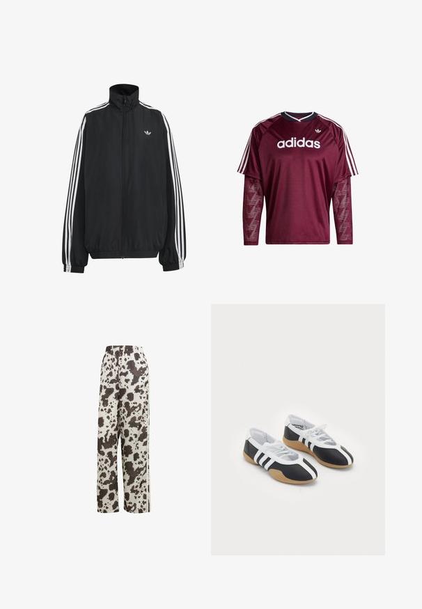 Sort Adidas træningsjakke med hvide tre striber langs ærmerne, fuld lynlås foran, elastiske manchetter og lille trefoil-logo på brystet.; Mørkerød Adidas langærmet trøje med netærmer, hvidt logo og striber på skuldrene, sort og hvid krave, forfra.; adidas Originals COW PRINT SATIN WIDE LEG - Træningsbukser - multicolor off white; Sort-hvide sportsko med et slankt design, gummisål, snørebåndslukning og tre hvide striber på siden.