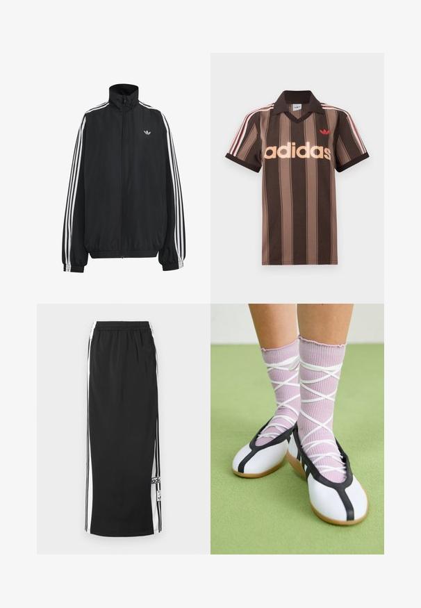 Must Adidas dressipluus valgete kolmekümnendate triipudega varrukatel, täispikk esilukk, elastsed varrukaservad ja väike trefoil logo rinnal.; Pruunide triipudega Adidas polotee, V-kaelusega, bordeau krae ja punase logoga. Omad valge ja punase triibuga õlad ning lühikesed varrukad.; Must pikkate sportseelik valgete külgsisete ja mustade triipudega, elastse vöökohaga ning Adidas logo plaastriga alumise ääre lähedal.; Jalgu ribaga lillasid punutud sokid valgete ristikkäiste rihmadega ning valgete tantsujalatsitega musta äärtega rohelisel põrandal.