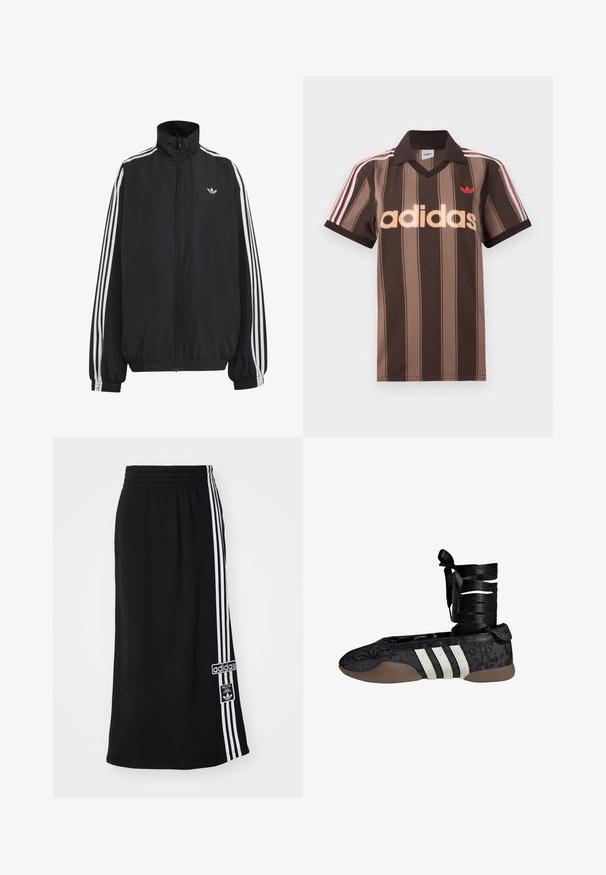 Sort Adidas træningsjakke med hvide tre striber langs ærmerne, fuld lynlås foran, elastiske manchetter og lille trefoil-logo på brystet.; Brunstribet Adidas polo-shirt med V-hals, bordeaux krave og rødt logo. Har hvide og røde skulderstriber samt korte ærmer.; Sort atletisk nederdel med elastisk talje, prydet med tre hvide striber langs den ene side og et Adidas-logo. Glat stoftekstur.; Sort ballettflat med blomsterprint, hvidt design med tre striber og en stofankelrem. Materialet har tekstur og en fleksibel brun sål.