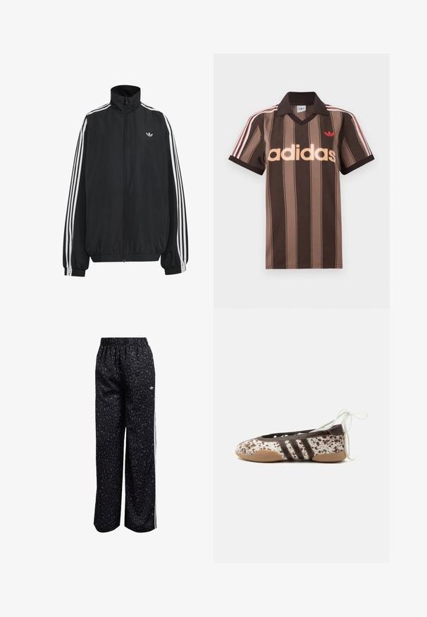 Μαύρο αθλητικό μπουφάν Adidas με λευκές τρεις ρίγες κατά μήκος των μανικιών, πλήρες φερμουάρ μπροστά, ελαστικά μανσέτες και μικρό λογότυπο trefoil στο στήθος.; Καφέ ριγέ πόλο μπλουζάκι Adidas με V-λαιμόκοψη, μπορντό γιακά και κόκκινο λογότυπο. Διαθέτει λευκές και κόκκινες ρίγες στους ώμους, κοντά μανίκια.; Μαύρο αθλητικό παντελόνι με λεοπάρ σχέδιο, ελαστική μέση και λευκές ρίγες στο πλάι. Κατασκευασμένο από απαλό, ελαφρύ ύφασμα.; Πλατύτερο παπούτσι μπαλέτου με καφέ και λευκό πουά μοτίβο, τρεις σκούρες ρίγες στο πλάι, ανοιχτό καφέ σόλα και λευκά κορδόνια στο πόδι.