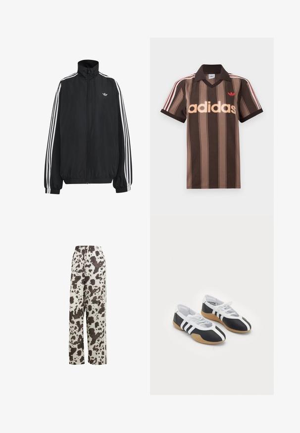 Chaqueta deportiva negra de Adidas con tres franjas blancas a lo largo de las mangas, cremallera frontal completa, puños elásticos y pequeño logo de trébol en el pecho.; Polo Adidas marrón con rayas, cuello en V, cuello burdeos y logo rojo. Presenta rayas blancas y rojas en los hombros, mangas cortas.; adidas Originals COW PRINT SATIN WIDE LEG - Pantalones deportivos - multicolor off white; Zapatillas deportivas en blanco y negro con un diseño elegante, suela de goma, cierre de cordones y tres franjas blancas en los lados.