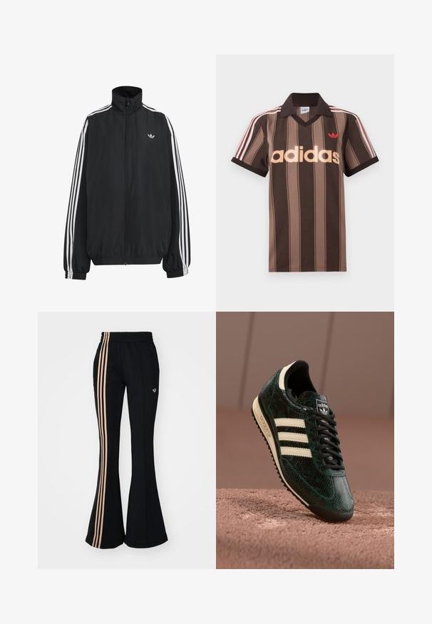 Must Adidas dressipluus valgete kolmekümnendate triipudega varrukatel, täispikk esilukk, elastsed varrukaservad ja väike trefoil logo rinnal.; Pruunide triipudega Adidas polotee, V-kaelusega, bordeau krae ja punase logoga. Omad valge ja punase triibuga õlad ning lühikesed varrukad.; Mustad mustad treeningpüksid kõrge vöökohaga, millel on külgedel kolm vertikaalset heleroosa triipu ja väike logo puusadel.; Roheline tekstureeritud toss, millel on madu nahk muster, kolme kreemja triibuga, mustad paelad ja must välispind. Klassikaline Adidas brändimine.