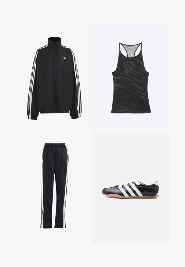 Schwarze Adidas Trainingsjacke mit weißen drei Streifen entlang der Ärmel, durchgehendem Frontreißverschluss, elastischen Bündchen und kleinem Trefoil-Logo auf der Brust.; Schwarzes Racerback-Top mit subtilem wellenförmigem Muster und "WEEKDAY"-Etikett, das innen am Halsausschnitt eingenäht ist.; Schwarze Jogginghose mit weißen Seitenstreifen, elastischem Bund und einem Logo-Patch. Hergestellt aus glattem, leichtem Stoff. Gerades Bein-Design.; Schwarzer Sneaker mit weißen Streifen und Klettverschlüssen, strukturierter Oberfläche und Sohle aus Gumgummi, seitlich auf weißem Hintergrund gezeigt.
