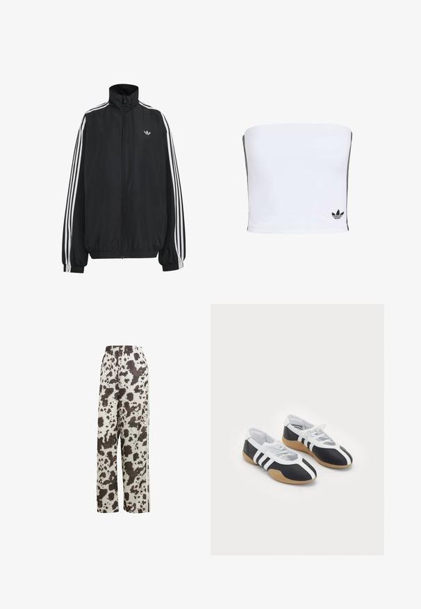 Schwarze Adidas Trainingsjacke mit weißen drei Streifen entlang der Ärmel, durchgehendem Frontreißverschluss, elastischen Bündchen und kleinem Trefoil-Logo auf der Brust.; Weißes Bandeau-Top aus dehnbarem Stoff. Mit schwarzen Seitenstreifen und einem kleinen schwarzen Logo am Saum. Glatte Textur.; adidas Originals COW PRINT SATIN WIDE LEG - Jogginghose - multicolor off white; Schwarz-weiße Sportschuhe mit einem eleganten Design, Gummisohle, Schnürverschluss und drei weißen Streifen an den Seiten.