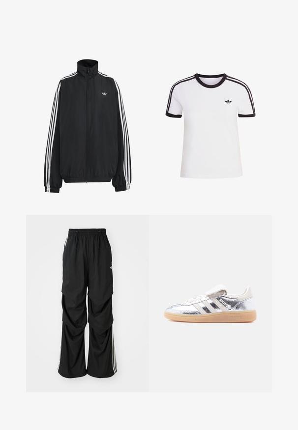 Must Adidas dressipluus valgete kolmekümnendate triipudega varrukatel, täispikk esilukk, elastsed varrukaservad ja väike trefoil logo rinnal.; Valge lühikeste varrukatega T-särk mustade detailidega, ümmarguse kaelusega ja kolme musta triibuga kummalgi õlal. Väike must logo rinnal.; Mustad, lõdvasti istuvad püksid elastse vöökohaga, nööriga ja valgete külgribadega; valmistatud kerge materjaliga, millel on sile tekstuur.; Hõbedane metallikvärvi Adidas Spezial toss vasakult poolt vaadatuna, valgete triipude ja kummist tallaga, ühtlase valge taustaga.