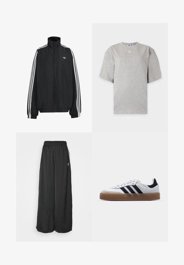 Čierna Adidas športová bunda s bielymi tromi pásikmi po celej dĺžke rukávov, so zipsom po celej prednej časti, elastickými manžetami a malým logom trefolo na hrudi.; Svetlosivé tričko Adidas s krátkym rukávom, okrúhlym výstrihom a malým bielym logom Adidas na hrudi, zobrazené na jednoduchom pozadí.; Čierne široké tréningové nohavice vyrobené z hladkej látky. Obsahujú elastický pás a bočné pruhy s logom.; Biele kožené tenisky s čiernymi pruhmi, gumová podrážka, okrúhla špička, šnurovanie a mäkký sivý semišový špička.