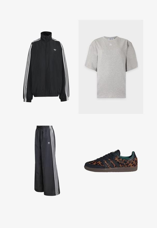 Μαύρο αθλητικό μπουφάν Adidas με λευκές τρεις ρίγες κατά μήκος των μανικιών, πλήρες φερμουάρ μπροστά, ελαστικά μανσέτες και μικρό λογότυπο trefoil στο στήθος.; Ανοιχτό γκρι κοντομάνικη μπλούζα Adidas με στρογγυλή λαιμόκοψη και μικρό λευκό λογότυπο Adidas στο στήθος, εμφανίζεται σε απλό φόντο.; Μαύρο αθλητικό παντελόνι από ελαφρύ υλικό, με τρεις λευκές κάθετες ρίγες και ελαστική μέση με κορδόνι.; Μαύρα δερμάτινα αθλητικά παπούτσια με λεκέδες λεοπάρ, με τρία σκούρα ρίγες, καουτσούκ σόλα και επενδεδυμένο πράσινο εσωτερικό.