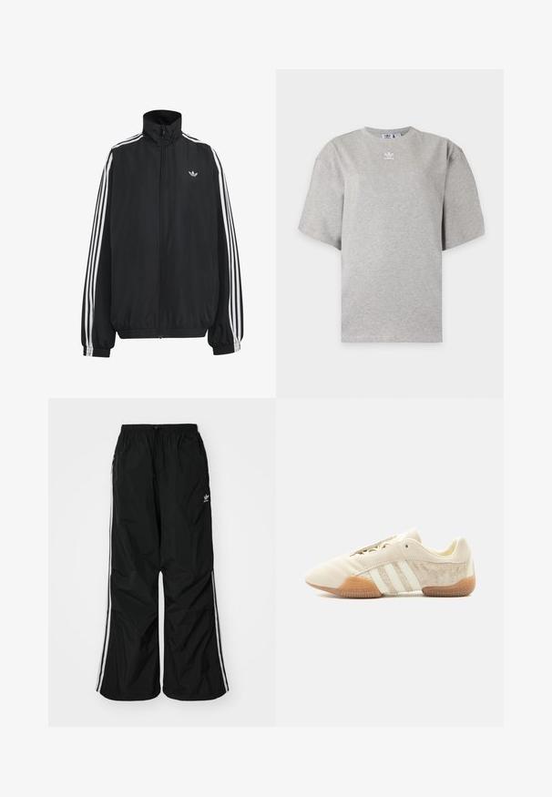 Čierna Adidas športová bunda s bielymi tromi pásikmi po celej dĺžke rukávov, so zipsom po celej prednej časti, elastickými manžetami a malým logom trefolo na hrudi.; Svetlosivé tričko Adidas s krátkym rukávom, okrúhlym výstrihom a malým bielym logom Adidas na hrudi, zobrazené na jednoduchom pozadí.; Čierne vetrovky nohavice s elastickým pásom, šnúrkou na stiahnutie, bielymi bočnými pruhmi, voľným strihom, s malým logom na ľavej strane.; Nízky béžový teniska s tromi bielymi pruhmi, textúrovanými semišovými bočnými panelmi, gumovou podrážkou a šnurovaním na jednofarebnom pozadí.