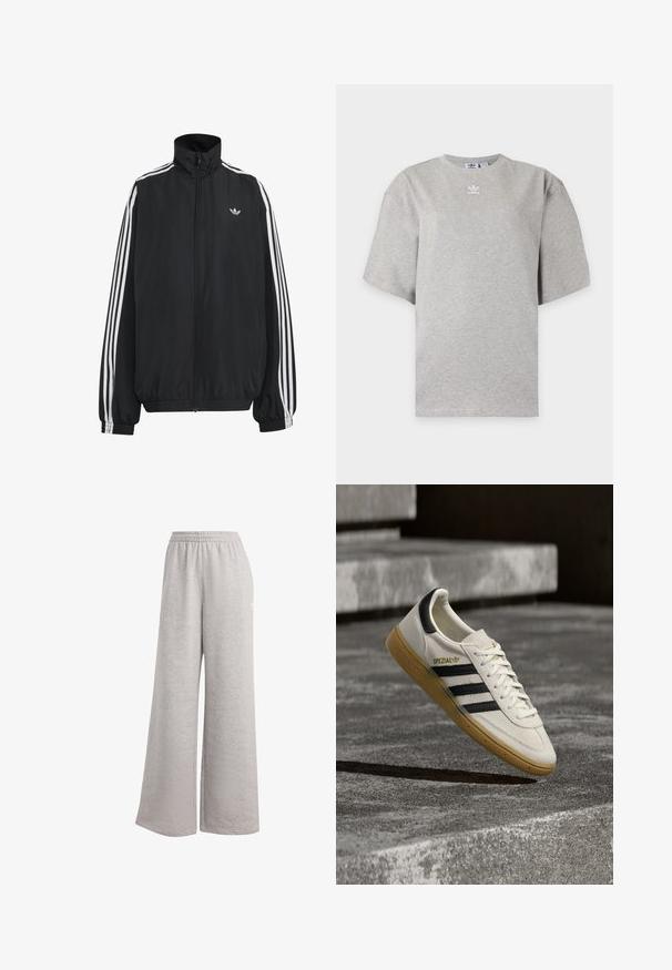 Chaqueta deportiva negra de Adidas con tres franjas blancas a lo largo de las mangas, cremallera frontal completa, puños elásticos y pequeño logo de trébol en el pecho.; Camiseta Adidas de manga corta color gris claro con cuello redondo y pequeño logo blanco de Adidas en el pecho, mostrada sobre un fondo liso.; Pantalones de chándal gris claro con un corte holgado, cinturilla elástica y textura suave. Presenta un sutil logo en un lado. Diseño casual.; Zapatilla blanca Adidas Spezial con rayas negras y suela de goma flotando sobre escalones de piedra grises al aire libre.