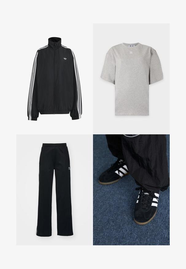 Čierna Adidas športová bunda s bielymi tromi pásikmi po celej dĺžke rukávov, so zipsom po celej prednej časti, elastickými manžetami a malým logom trefolo na hrudi.; Svetlosivé tričko Adidas s krátkym rukávom, okrúhlym výstrihom a malým bielym logom Adidas na hrudi, zobrazené na jednoduchom pozadí.; Čierne športové nohavice so voľným strihom, s viazaním v páse, bočnými zipsovými vreckami a diskrétnym bielym logom na ľavej nohe.; Čierne roháčiky z semišu so tromi bielymi pruhmi a čiernymi šnúrkami. Texturované čierne nohavice sú čiastočne viditeľné vedľa topánok.