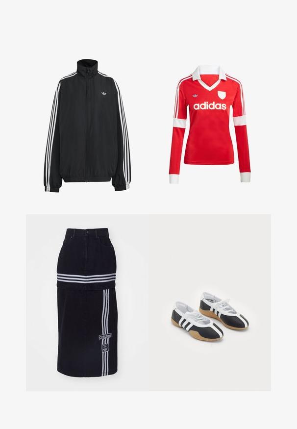 Zwarte Adidas trainingsjas met witte drie strepen langs de mouwen, een rits over de hele voorkant, elastische manchetten en een klein trefoil-logo op de borst.; Rode lange mouwen voetbalshirt met een witte kraag en manchetten. Heeft drie witte strepen op de schouders en het "adidas" logo prominent weergegeven.; Zwarte spijkerrok met een hoge taille, voorzien van twee witte horizontale strepen, een Adidas logo tag aan de zijkant en een recht gesneden ontwerp.; Zwart-witte sport schoenen met een slank ontwerp, rubberen zool, vetersluiting en drie witte strepen aan de zijkanten.