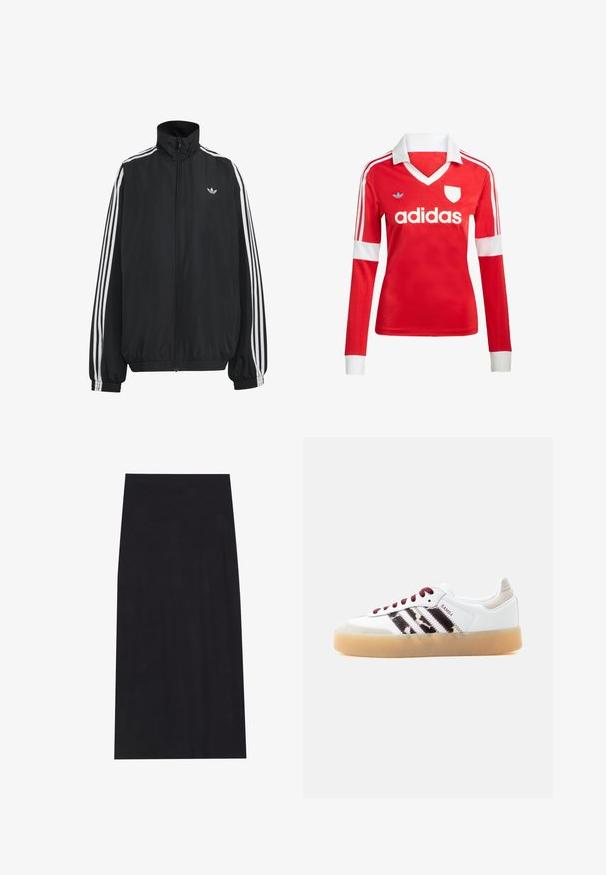 Black Adidas track jacket with white three stripes along sleeves, full front zipper, elastic cuffs, and small trefoil logo on chest.; Red long-sleeve soccer jersey with a white collar and cuffs. Features three white stripes on shoulders and "adidas" logo prominently displayed.; Black midi skirt made from soft, stretchy fabric. Features a straight silhouette and an elastic waistband for a comfortable fit.; White Adidas Samba sneaker with dark red laces, black fuzzy stripes, beige heel tab, and translucent gum sole, shown from left side.