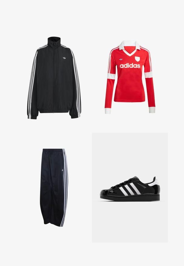 Čierna Adidas športová bunda s bielymi tromi pásikmi po celej dĺžke rukávov, so zipsom po celej prednej časti, elastickými manžetami a malým logom trefolo na hrudi.; Červený futbalový dres s dlhým rukávom a bielym golierom a manžetami. Na ramenách sú tri biele pruhy a výrazne zobrazené logo "adidas".; Čierne teplákové nohavice Adidas s elastickým pásom, biele trojité pruhy po bokoch, vrecko na zips a logo na ľavej nohe.; adidas Originals SUPERSTAR II - Tenisky - core black/footwear white/gold metallic