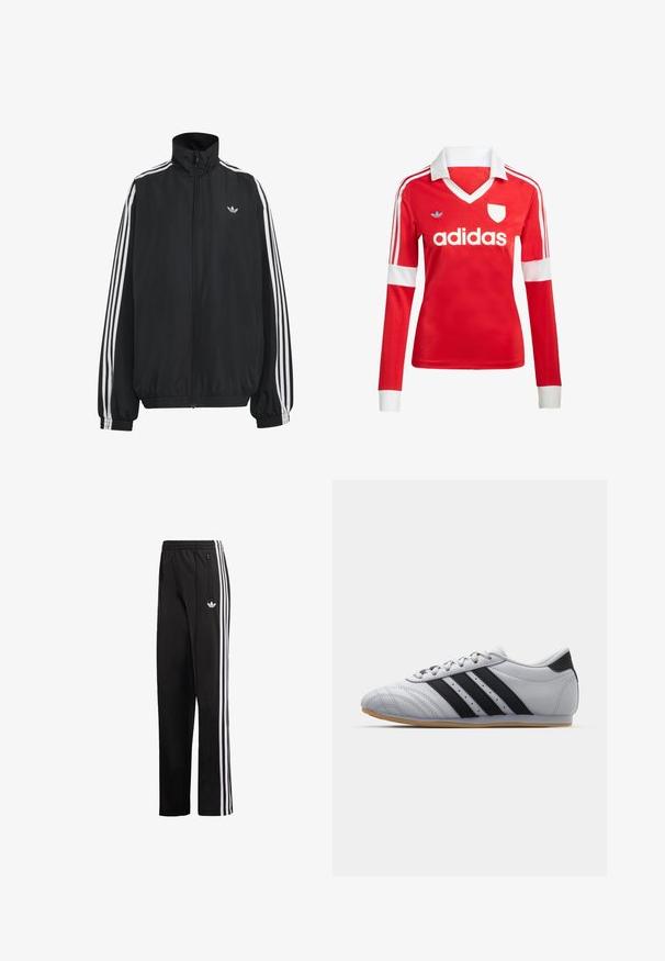 Μαύρο αθλητικό μπουφάν Adidas με λευκές τρεις ρίγες κατά μήκος των μανικιών, πλήρες φερμουάρ μπροστά, ελαστικά μανσέτες και μικρό λογότυπο trefoil στο στήθος.; Κόκκινη ποδοσφαιρική φανέλα με μακριά μανίκια, λευκό γιακά και μανσέτες. Διαθέτει τρεις λευκές ρίγες στους ώμους και το λογότυπο "adidas" εμφανώς τοποθετημένο.; Μαύρο παντελόνι φόρμας από λείο ύφασμα, με λευκές κάθετες ρίγες στα πλαϊνά και μικρό λογότυπο στο αριστερό ισχίο.; Γκρίζα αθλητικά παπούτσια με λείο δερμάτινο φινίρισμα, με τρεις μαύρες ρίγες, στρογγυλή μύτη και σόλα από καουτσούκ γόμα.
