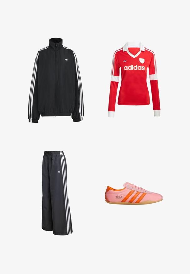 Must Adidas dressipluus valgete kolmekümnendate triipudega varrukatel, täispikk esilukk, elastsed varrukaservad ja väike trefoil logo rinnal.; Punane pikade varrukatega jalgpallipluus valge krae ja varrukateotstega. Omab kolme valget triipu õlgadel ja väljapaistvat "adidas" logo.; Mustad kergekaalulised spordipüksid, millel on kolm valget vertikaalset triipu ning kummist vöökoht paelaga.; Roosa sneaker oranžide aktsentidega, millel on kolm triipu, tekstuuriga materjal, nööridega esiosa ja kummipõhi. Bränding külgedel.