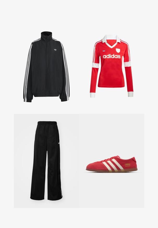 Sort Adidas træningsjakke med hvide tre striber langs ærmerne, fuld lynlås foran, elastiske manchetter og lille trefoil-logo på brystet.; Rød langærmet fodboldtrøje med hvid krave og manchetter. Har tre hvide striber på skuldrene og "adidas" logoet fremtrædende vist.; Sorte brede træningsbukser med elastisk talje, prydet med hvide side-striber og et lille logo på venstre hofte. Glat stofstruktur.; Røde ruskinds sneakers med hvidt tre-stripes design, flad ydersål og guld logo detalje. Lavskåren design med afrundet tå og snørebåndslukning.