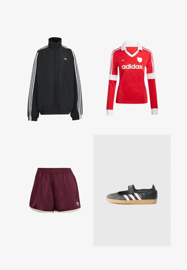 Sort Adidas træningsjakke med hvide tre striber langs ærmerne, fuld lynlås foran, elastiske manchetter og lille trefoil-logo på brystet.; Rød langærmet fodboldtrøje med hvid krave og manchetter. Har tre hvide striber på skuldrene og "adidas" logoet fremtrædende vist.; adidas Originals SPRINTER - Shorts - maroon cream white; Sort læder- og ruskinds sneakers med en Velcro-rem, der har tre hvide striber og en gummisål, mærket "SAMBA" på siden.
